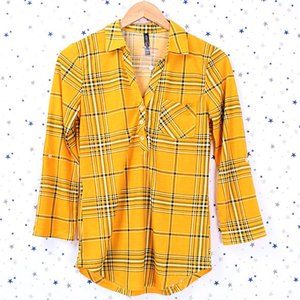 3/4 Sleeve Henley Knit Plaid Shirt Top Mustard / Olive